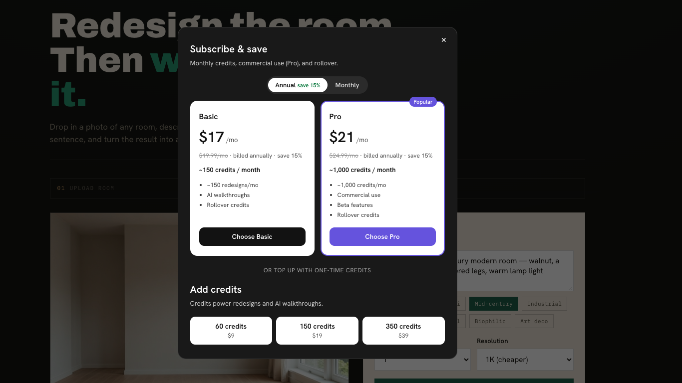 The Subscribe and save modal showing Basic and Pro plans plus one-time credit packs