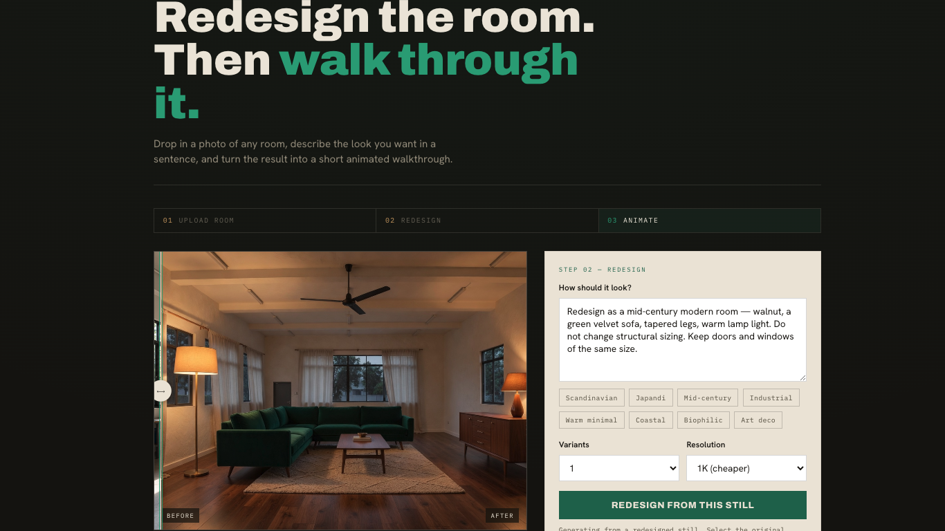The studio showing a room redesigned in mid-century modern style, with the prompt in the Step 02 panel