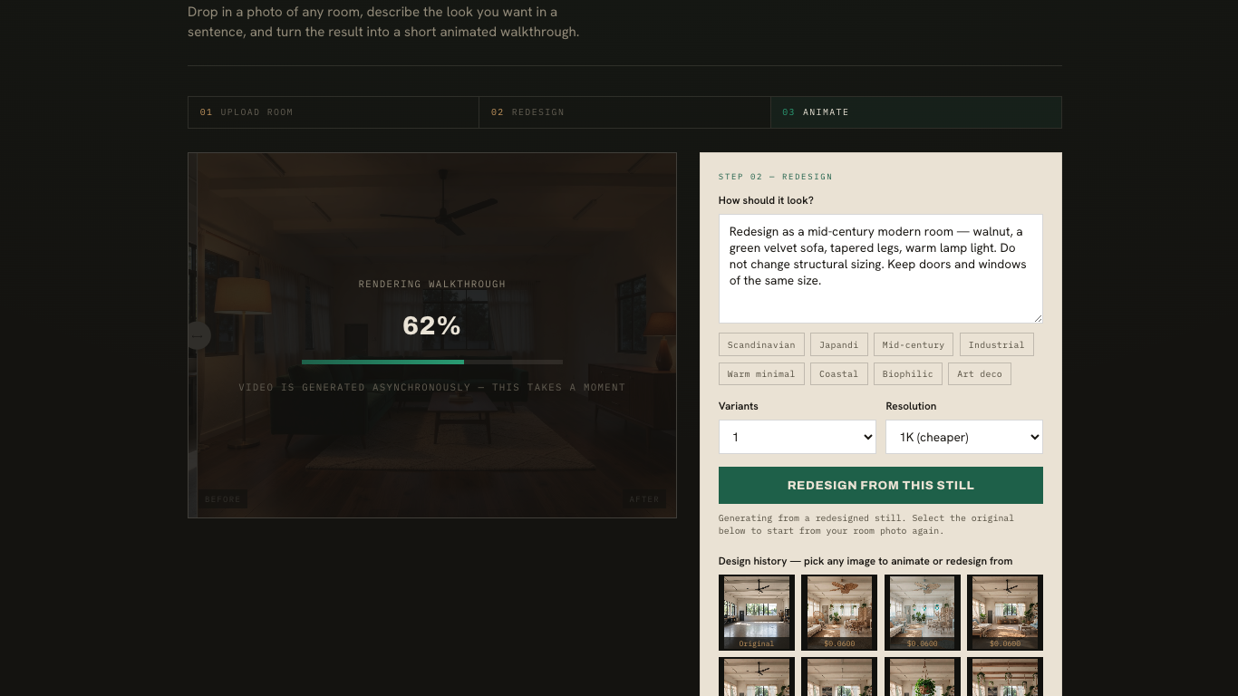 The rendering walkthrough progress overlay showing 62 percent